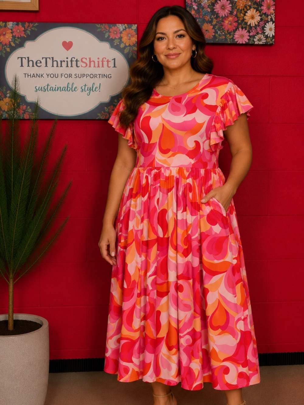 Haptics Pink Orange Retro Print Midi Dress Size L